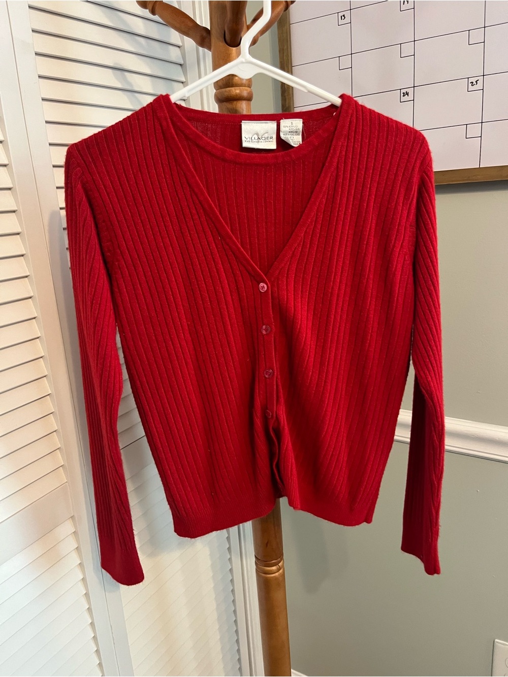 Villager Red Ribbed V-Neck Button Cardigan